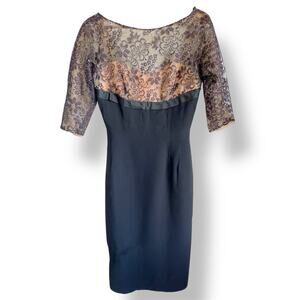 1950s Don Loper Dress Vintage Black Nude Satin & Lace Empire Waist Midi Wiggle S